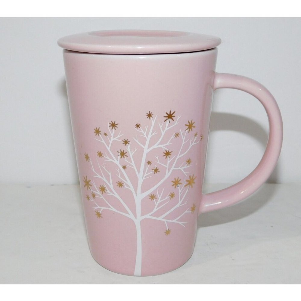 Pink Starry Tree with Lid Davids Tea Perfect Mug Cool 12 oz White Gold-
